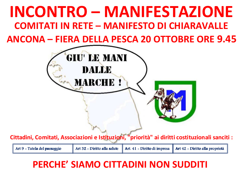 Locandina iniziativa "Giù le mani dalle Marche!"