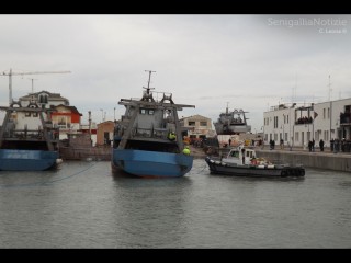 L'ormeggiatore sposta la terza motonave del Navalmeccanico di Senigallia, varata martedì 27 novembre