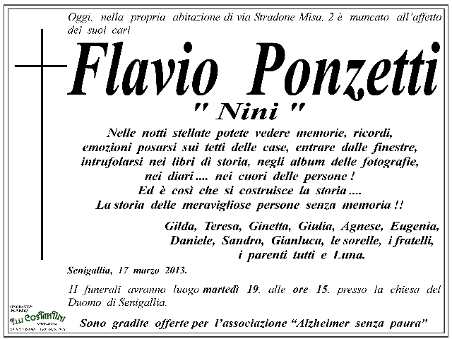 Annuncio funebre per Flavio Ponzetti