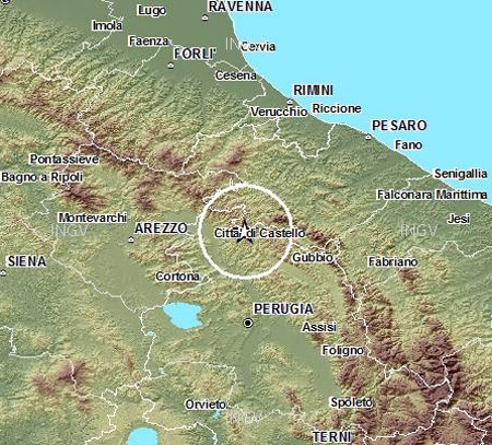 La localizzazione del terremoto nell'urbinate del 2 aprile 2013