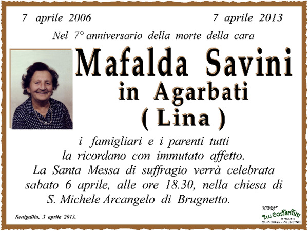 Manifesto funebre per Mafalda Savini in Agarbati