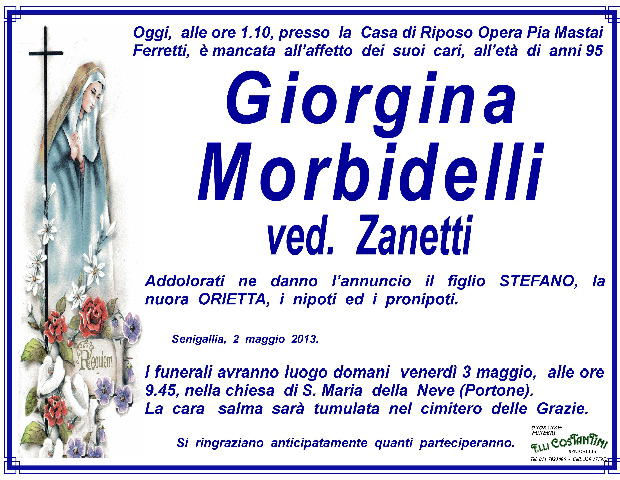 Manifesto funebre in memoria di Giorgina Morbidelli, ved. Zanetti