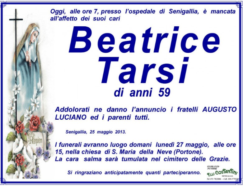 Manifesto funebre per Beatrice Tarsi