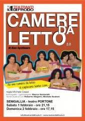 Locandina della commedia "Camere da letto" di Alan Ayckbourn al teatro Portone di Senigallia