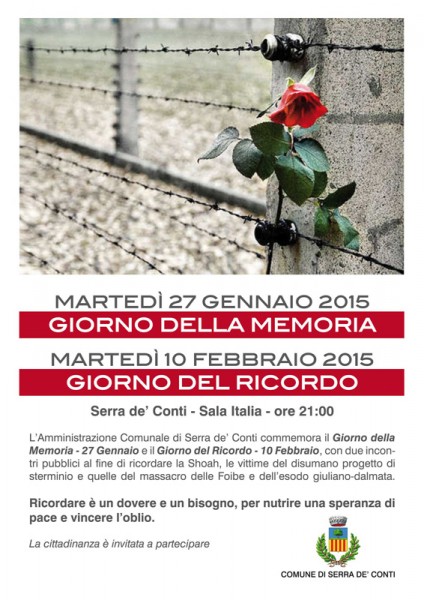 Locandina per le iniziative pubbliche a Serra de' Conti per la giornata della memoria e il giorno del ricordo