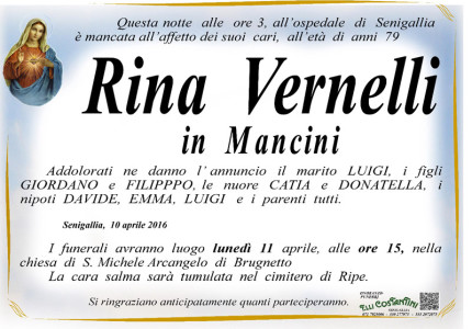 Il manifesto funebre per Rina Vernelli