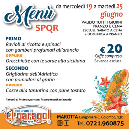 Ristorante El Garagol - Menu della settimana dal 19 al 25 giugno 2024