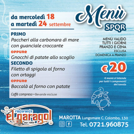 Ristorante El Garagol - Menu della settimana dal 18 al 24 settembre 2024