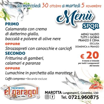 Ristorante El Garagol - Menu della settimana dal 30 ottobre al 5 novembre 2024