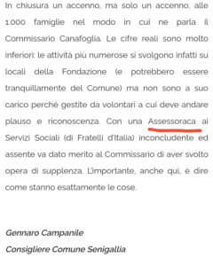 Parte del comunicato di Campanile riferita a Petetta