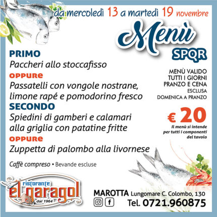 Ristorante El Garagol - Menu della settimana dal 13 al 19 novembre 2024