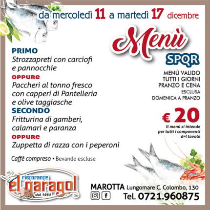 Ristorante El Garagol - Menu della settimana dall'11 al 17 dicembre 2024