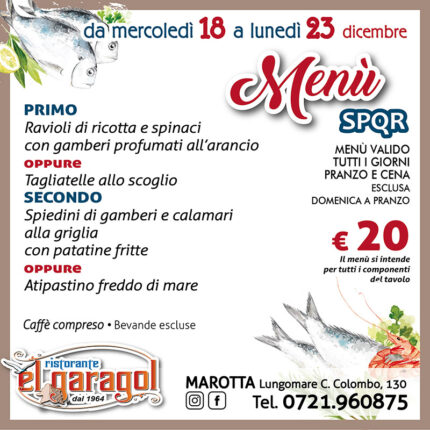 Ristorante El Garagol - Menu della settimana dal 18 al 23 dicembre 2024